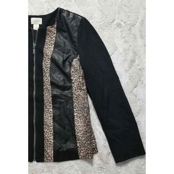 ✨️CL Chico's Cheetah Print Faux Black Leather Full Zip Jacket Size Chico's 0 - Picture 2 of 9